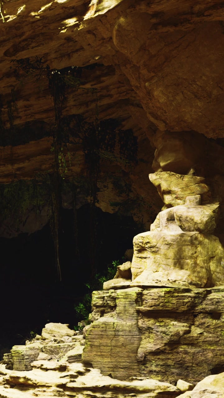 Formazioni rocciose e vegetazione all'interno di una grotta in un ambiente naturale.