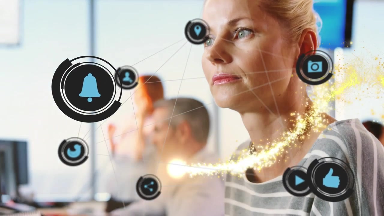 Animation of network of connections with icons over caucasian businesswoman