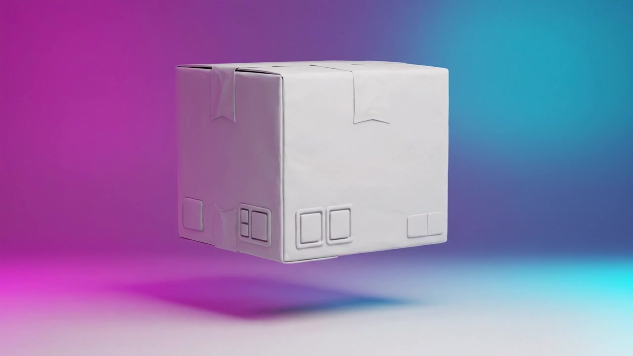A captivating visual of a floating, unmarked white cardboard package set against a vibrant, colorful background, showcasing minimalist design and intriguing aesthetics.