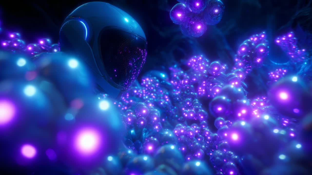Un'enigmatica esplorazione di un vivace paesaggio cosmico con un astronauta alla deriva tra sfere celesti illuminate in modo brillante ed energie misteriose, che cattura l'essenza delle infinite possibilità nello spazio profondo