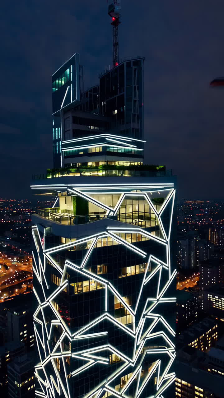 Modern Skyscraper with Geometric LED Lights at Night