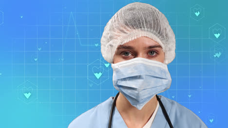 animation of medical icons and caucasian female doctor with face mask on blue background