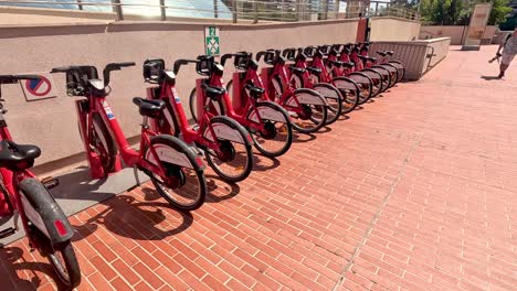 red rental bicycles parked in a row