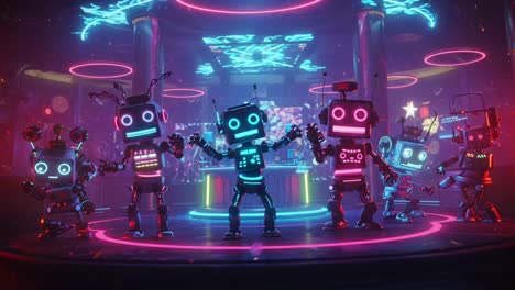 a group of colorful, neon-lit robots strikes a pose in a vibrant digital nightclub, showcasing their unique illuminated features and playful personalities in a futuristic setting
