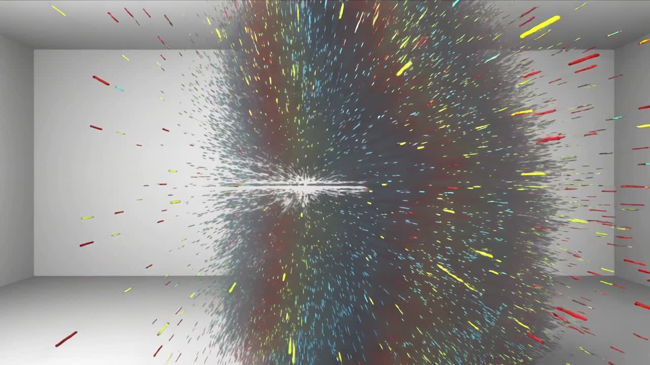 Ribbons fragmenting after sudden burst into many colored particles in gallery, forming bright core