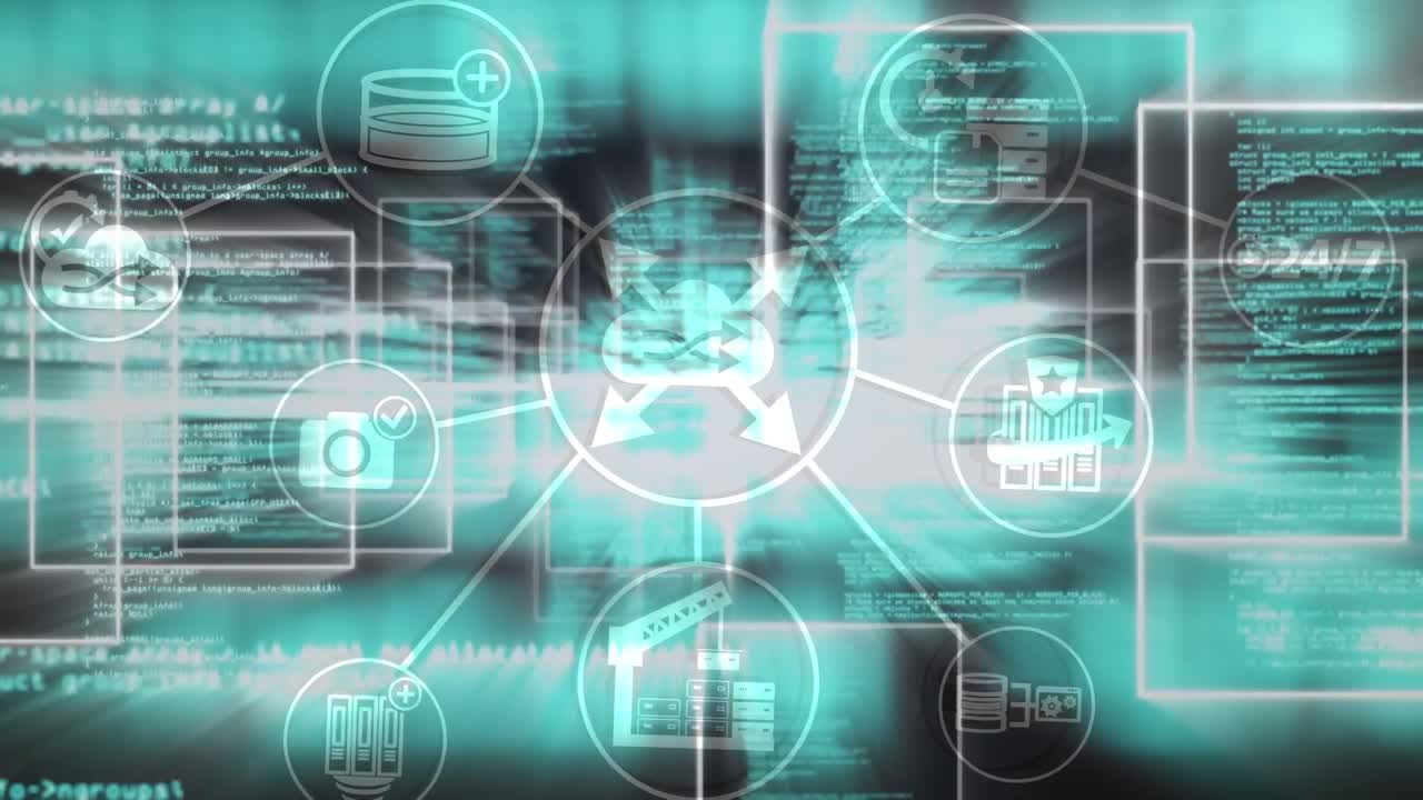 animación del procesamiento de datos sobre iconos de medios