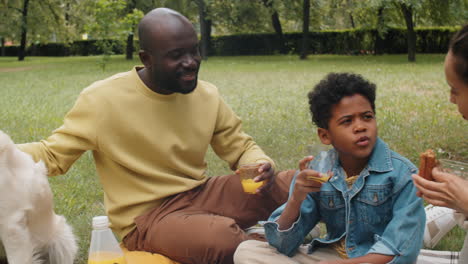 african american man petting dog and talking with family on picnic