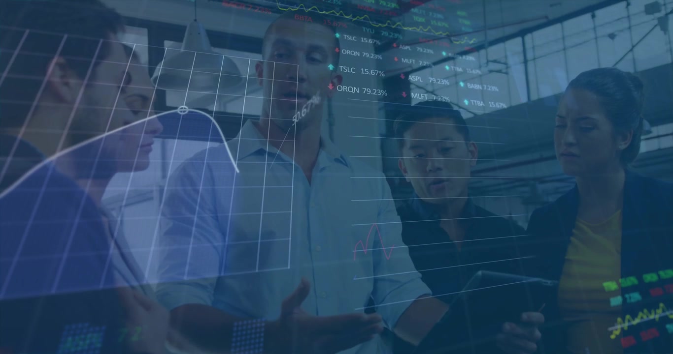 Animation of financial data processing and statistics over business people