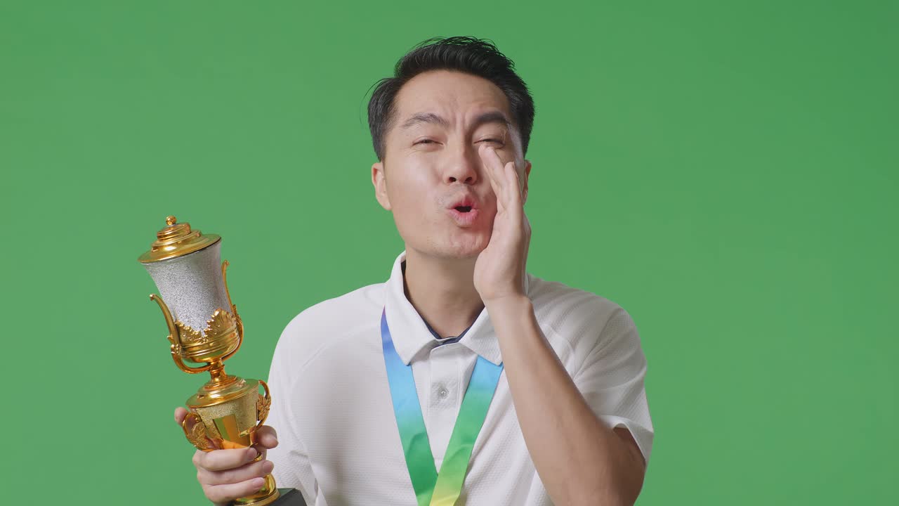 황금 메달을 들고 있는 아시아인 남자의 클로즈업 사진, 황금 트로피를 들고 있는 남자가 녹색 스크린을 배경으로 스튜디오에서 입 위에 손을 고 긍정적으로 소리치고 있다.