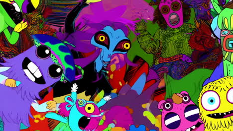 colorful psychedelic monster party in a kaleidoscopic frame