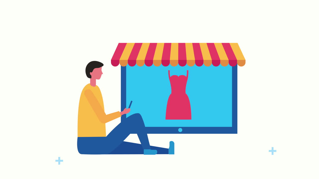 태블릿과 전자상거래 아이콘을 가진 젊은 남자