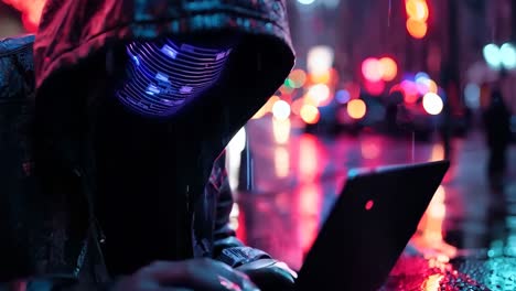 a person in a hoodie using a laptop computer on a city street at night