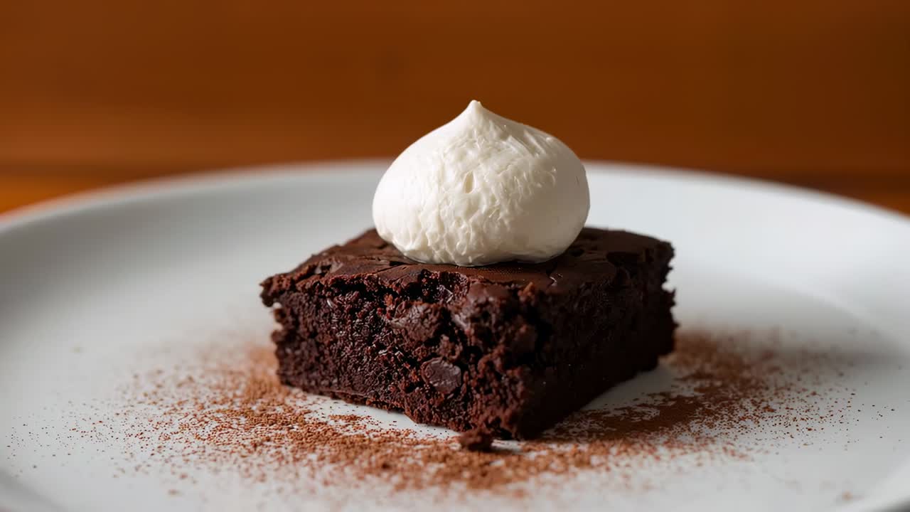 Plan rapproché d’une caméra qui se referme sur un brownie au chocolat sur une assiette blanche, montrant un pic de crème et de la poudre de cacao