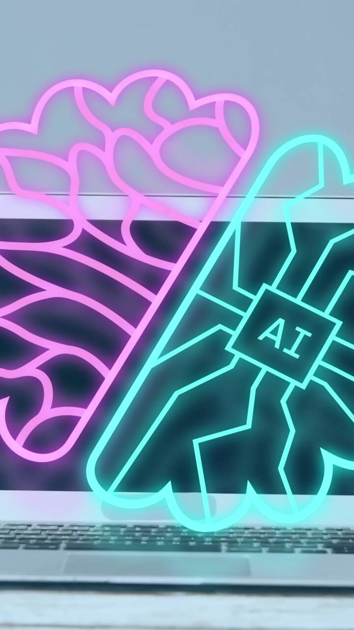 Animation of ai data processing over laptop and smartphone