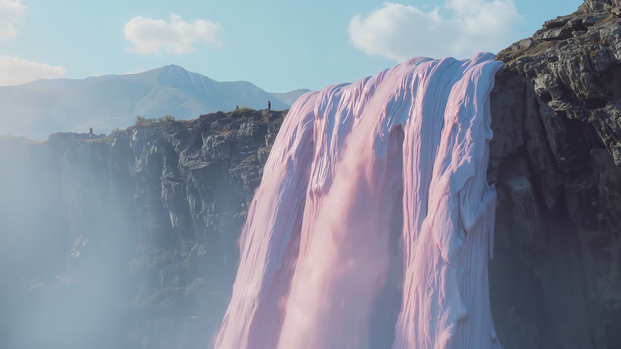 Waterfall cascading pink water over cliff, mist rising at gorge under scattered clouds, copy space