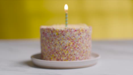 studio shot birthday cake covered with decorations and single candle being blown out 4