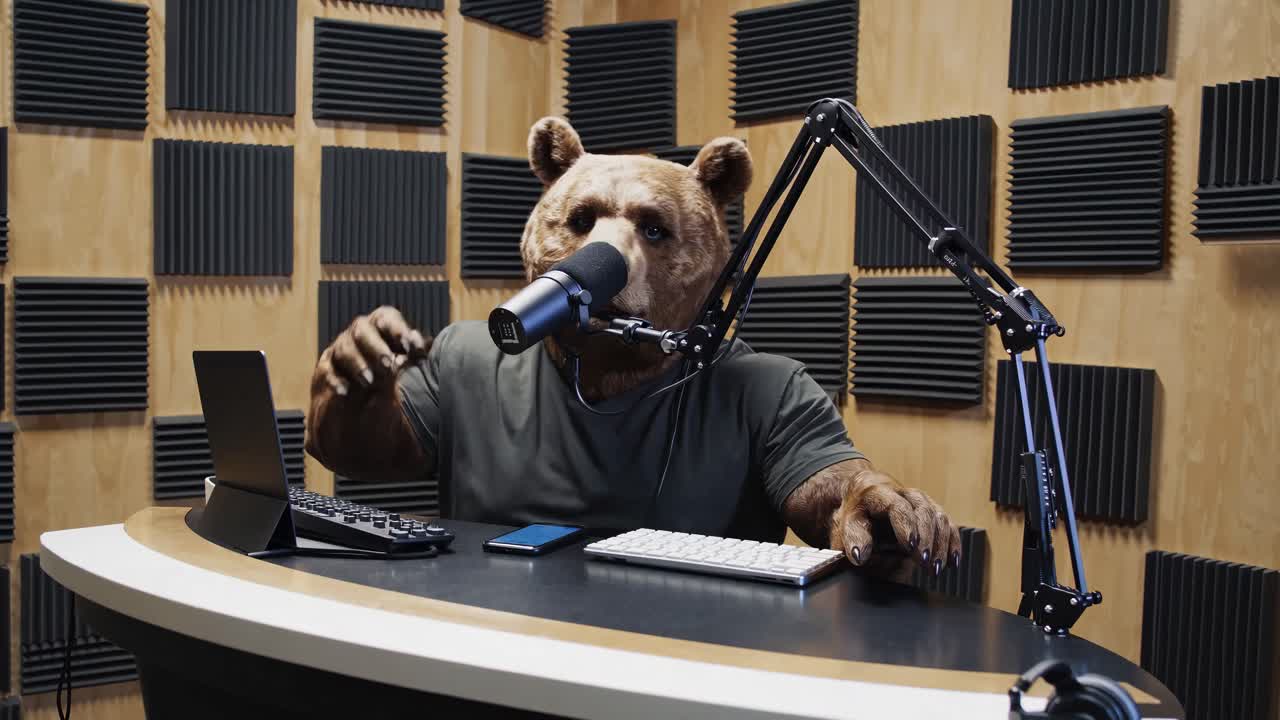 Bear Podcast Host in Recording Studio
