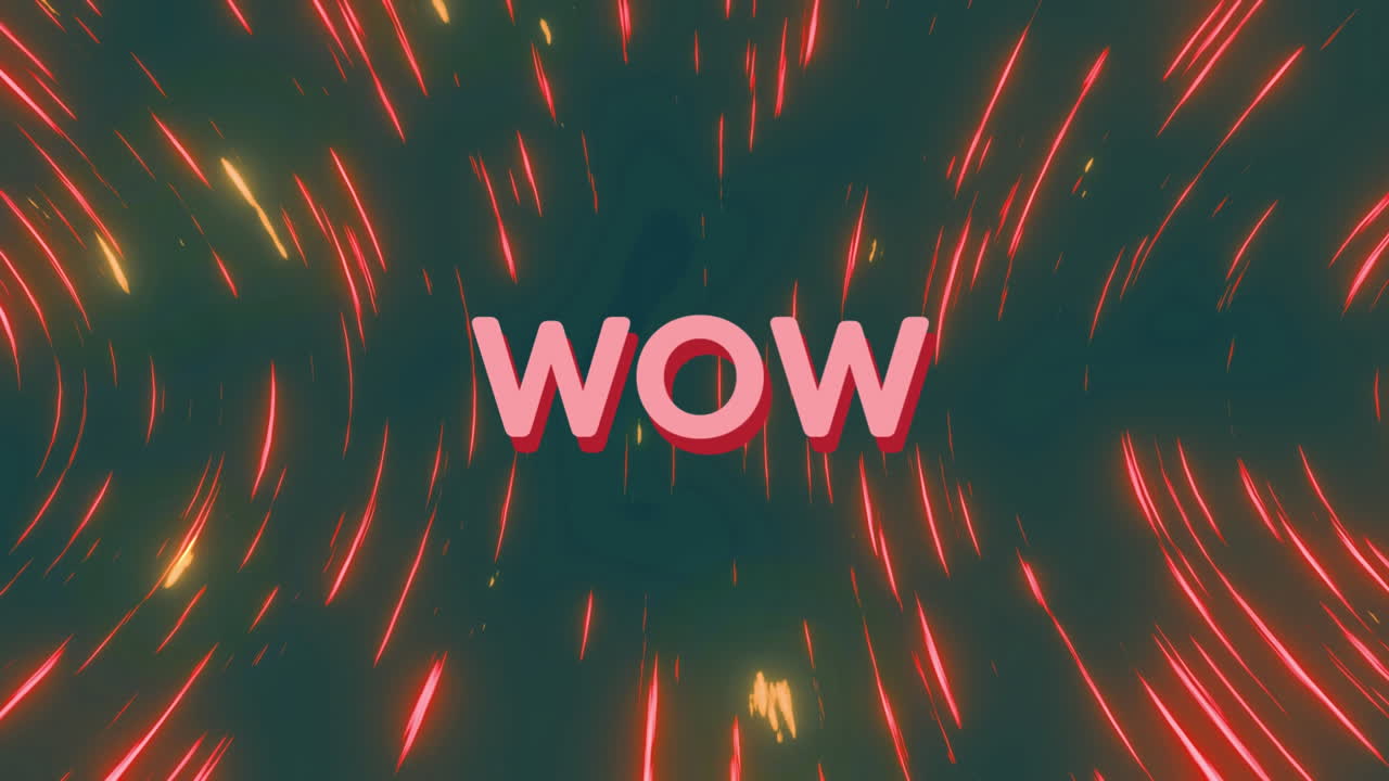 회색 배경에 빨간색과 노란색 빛 트레일에 대한 와우 텍스트의 디지털 애니메이션