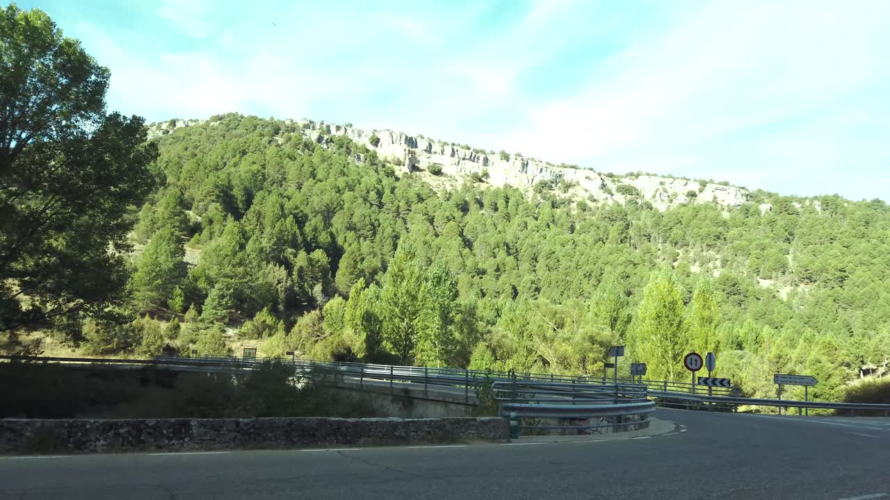 Deep in the valley in the shade looking up at the sunny tree hills