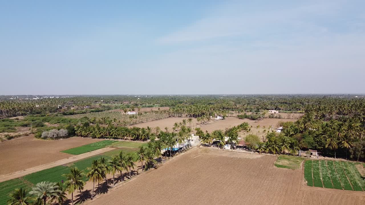 Flyfoto av store jordbruksområder i Gujarat, India, med blå himmel