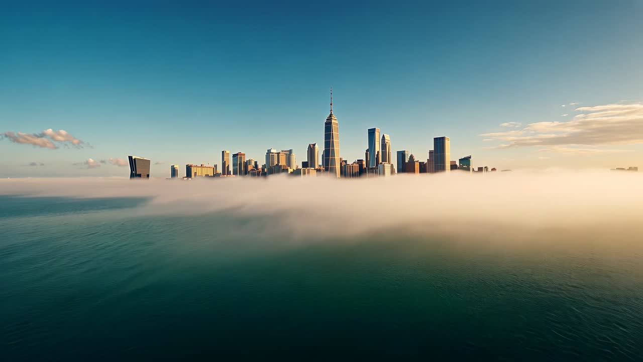 Gliding camera approaching city skyline over water, fog drifting, revealing spire for sunlight glow