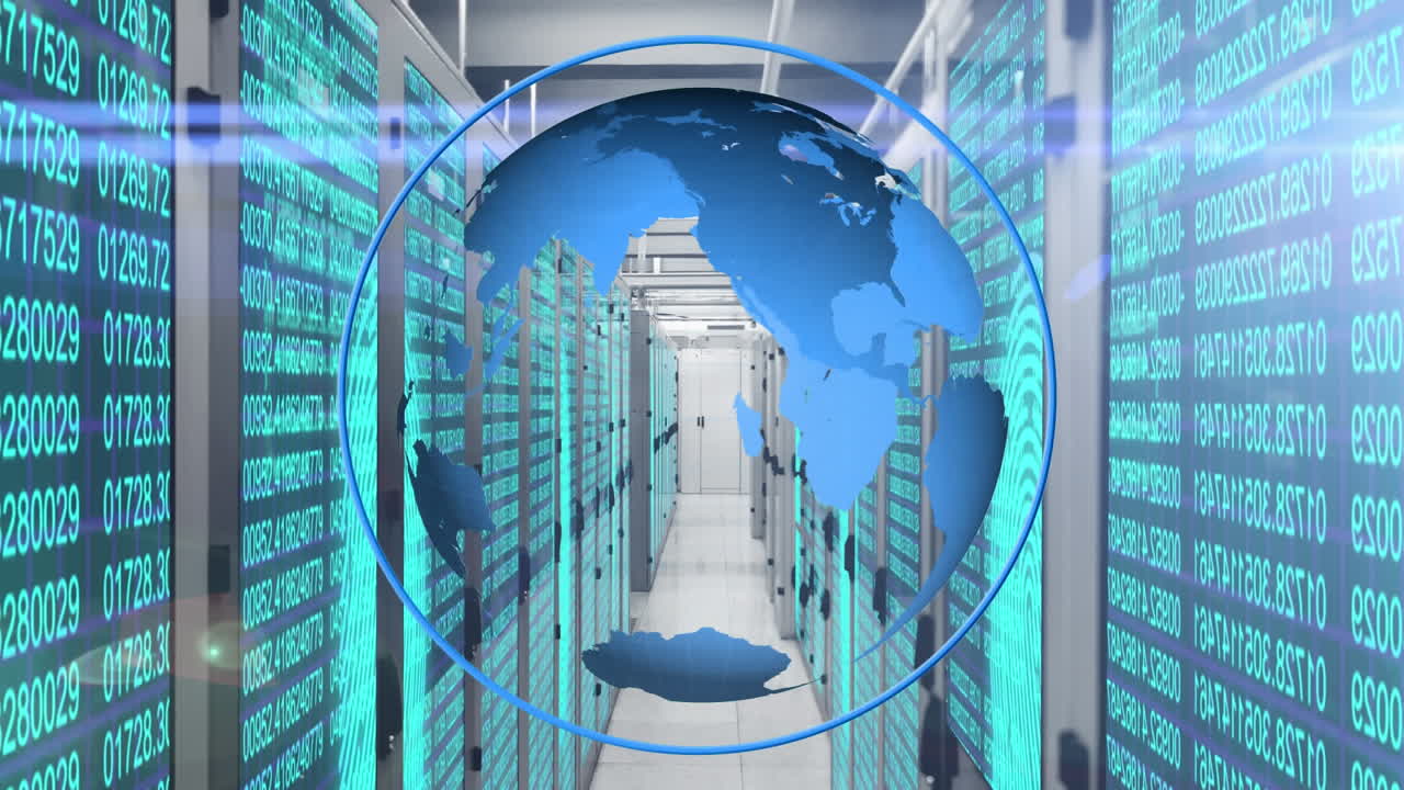 Animation of a blue globe spinning in a circle over a room made of screens