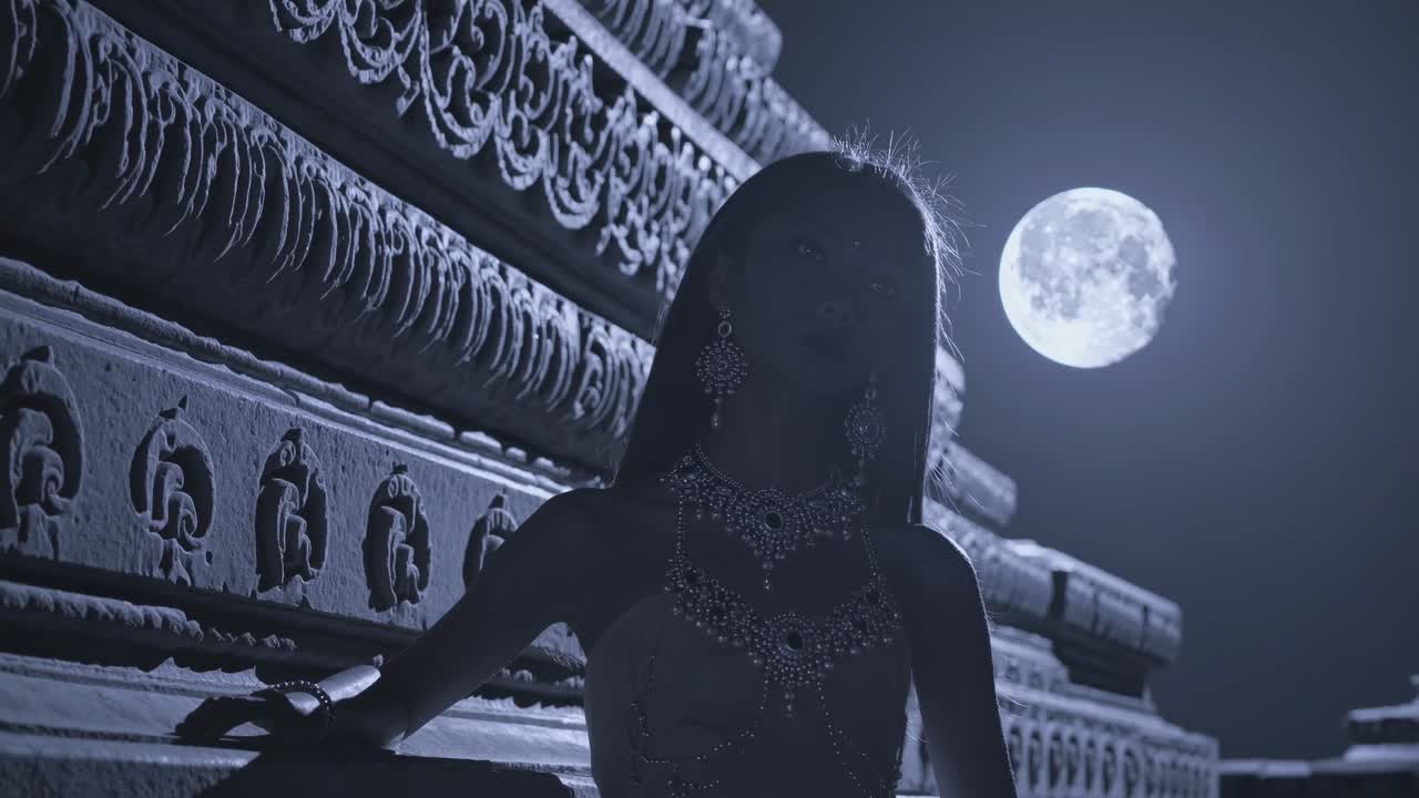 Elegant woman wearing jewelry is posing in front of an ancient temple illuminated by the moonlight, creating a mystical and serene atmosphere