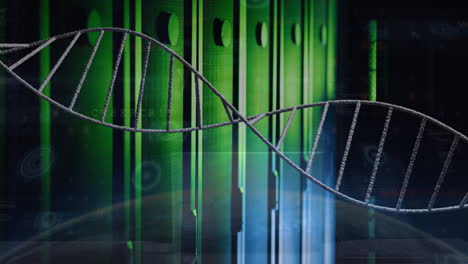 animation of spinning dna strand over server room