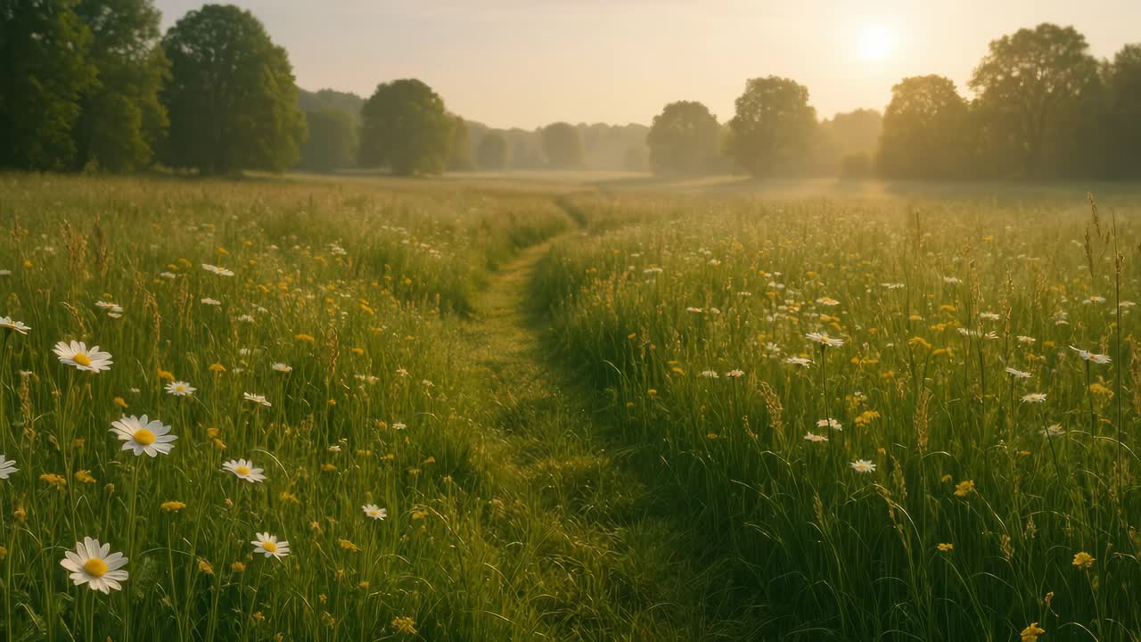 A serene landscape video captures a low-angle view of a sunlit meadow path