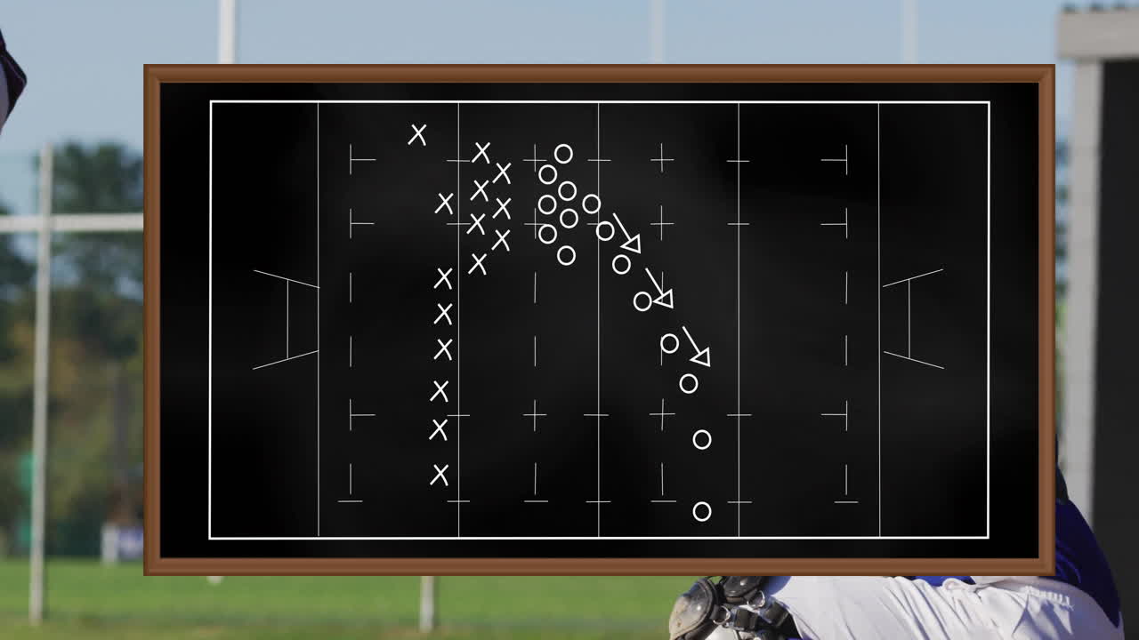 On field, player in action with football strategy animation on chalkboard