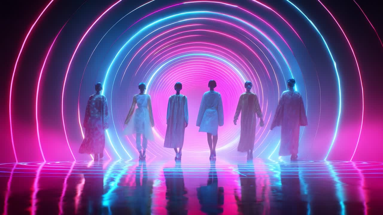 In a mesmerizing display of light and fashion, six individuals move gracefully through a vibrant neon archway, creating a stunning visual of creativity and expressive style in a dynamic and futuristic setting