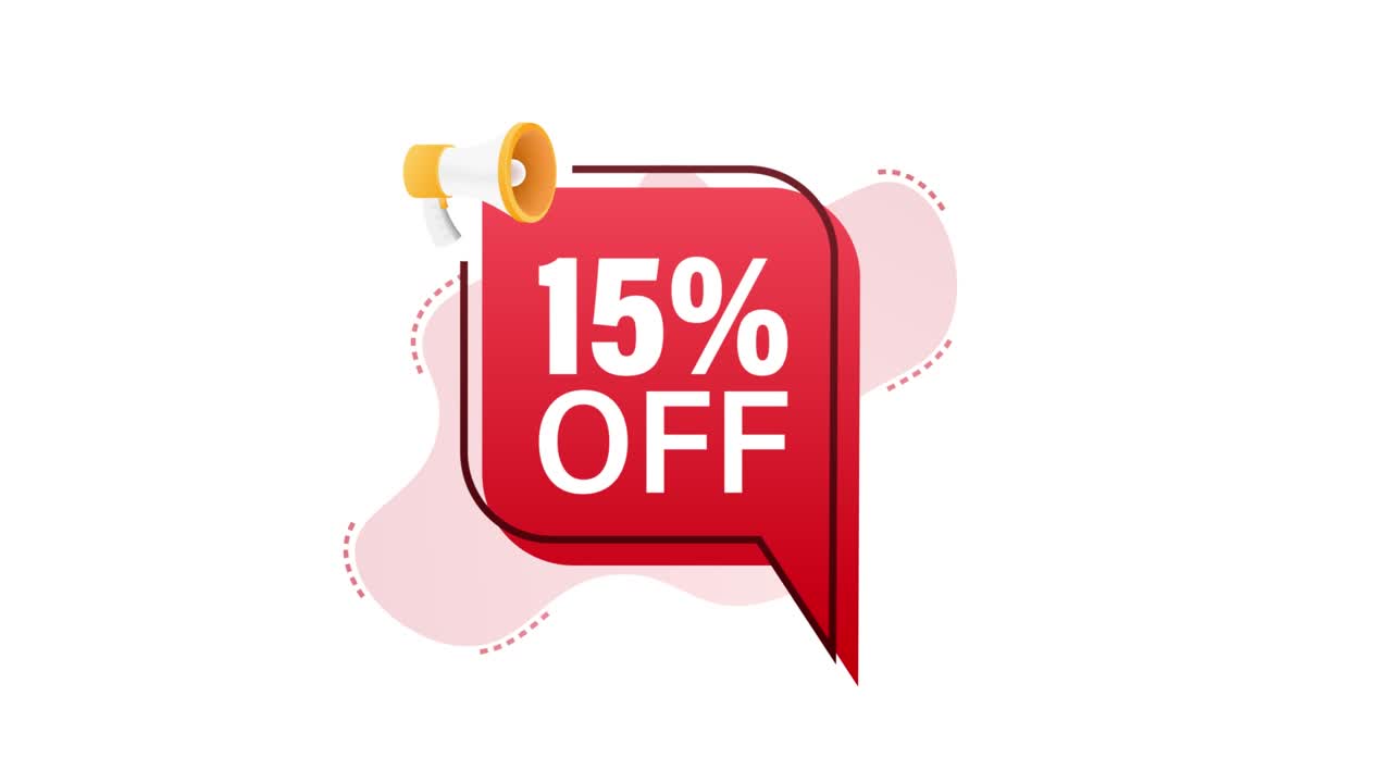 15 percent OFF Sale Discount Banner with megaphone. Discount offer price tag. 15 percent discount promotion flat icon. Motion graphics 4k