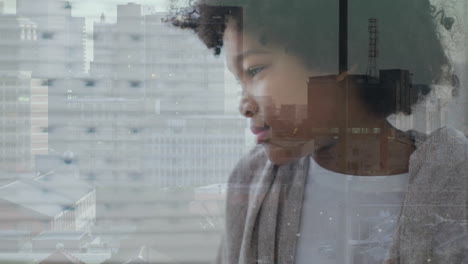 looking out window, child seeing cityscape reflection overlay with animation