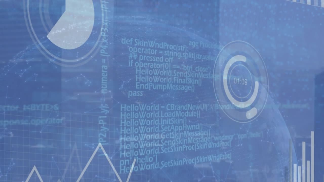 Animation of statistical data processing, globe and network of connections against cityscape