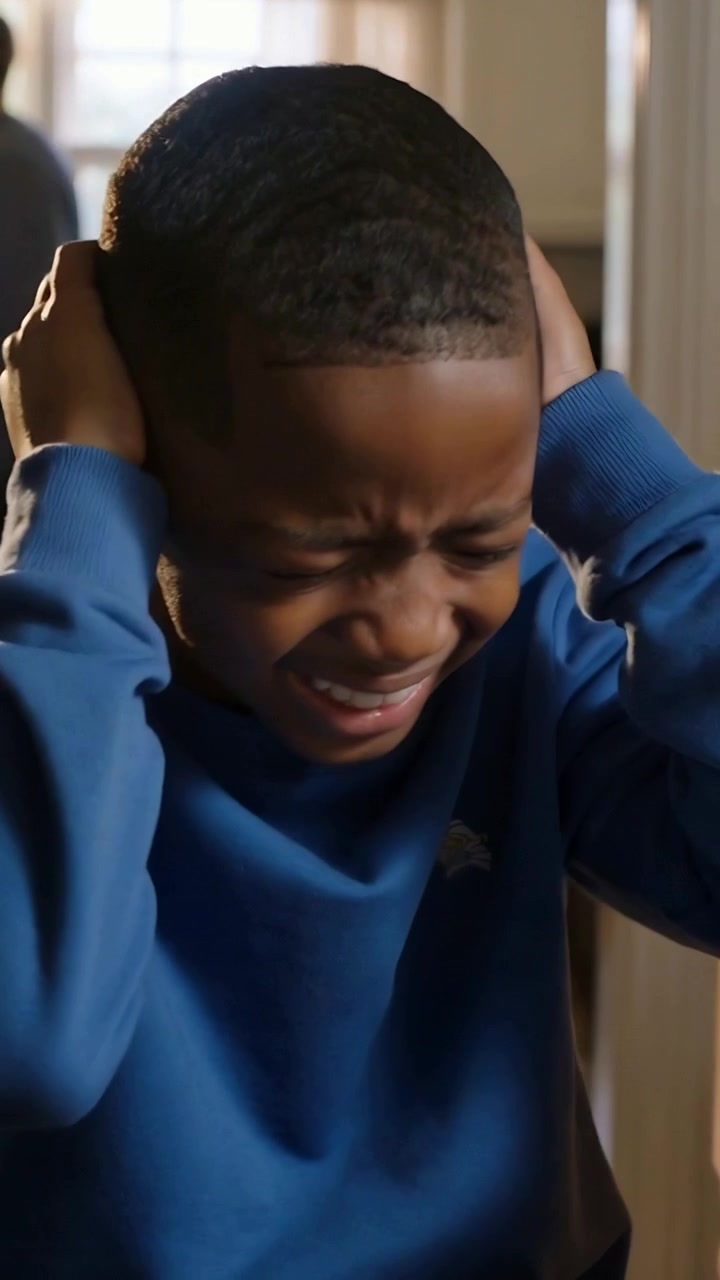 Vertical video: Raising hands child in blue sweater with emblem covering ears and wincing at window