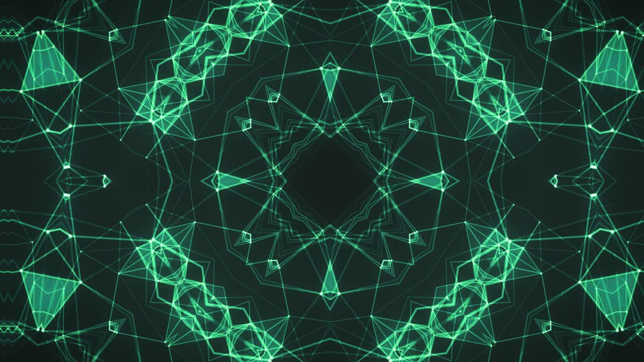 녹색 다이아몬드 별 프랙탈 패턴, 지속적인  ⁇ 창, 루프 패턴, 원형 기하학적 공으로 끝납니다.