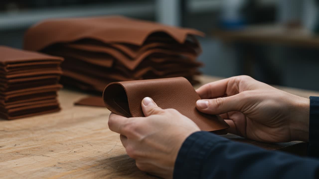Skilled Artisanship: Demonstrating Leather Folding Techniques with Care as Craftsmanship Takes Center Stage in a Workshop Setting