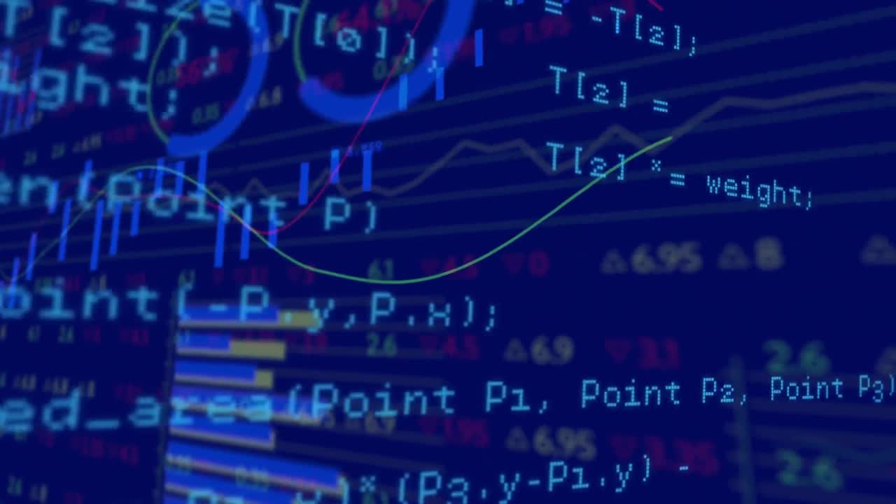 Animation of data processing and diagrams on blue background