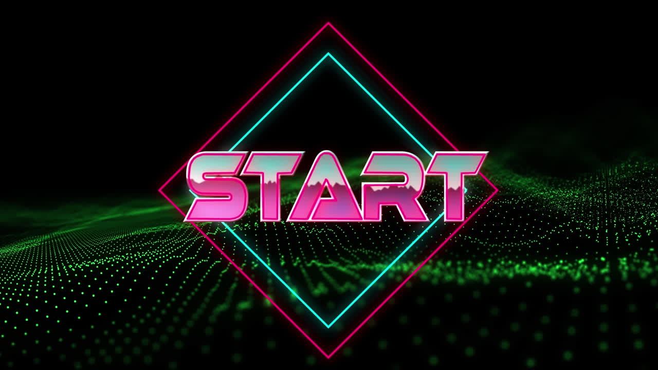 Animation of start text over geometrical moving shapes and wave