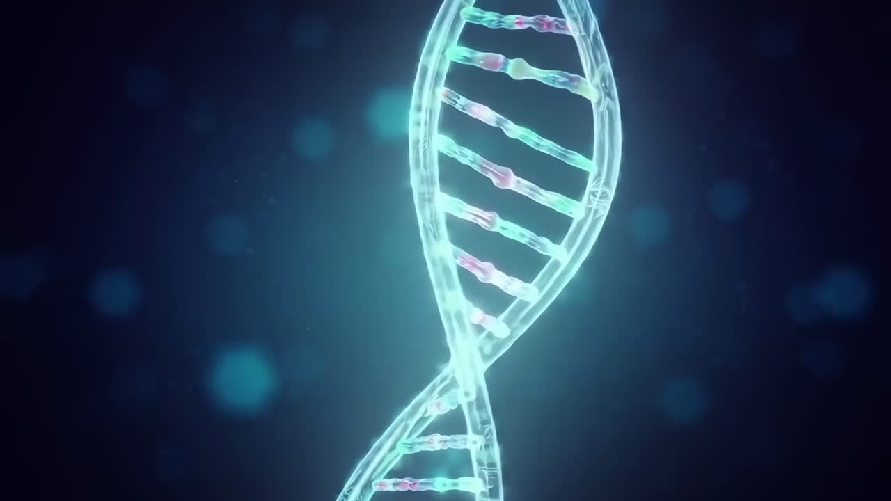 Video ravvicinato di un'elica di DNA luminosa, vista da una angolazione bassa, in stile digitale, live per desktop
