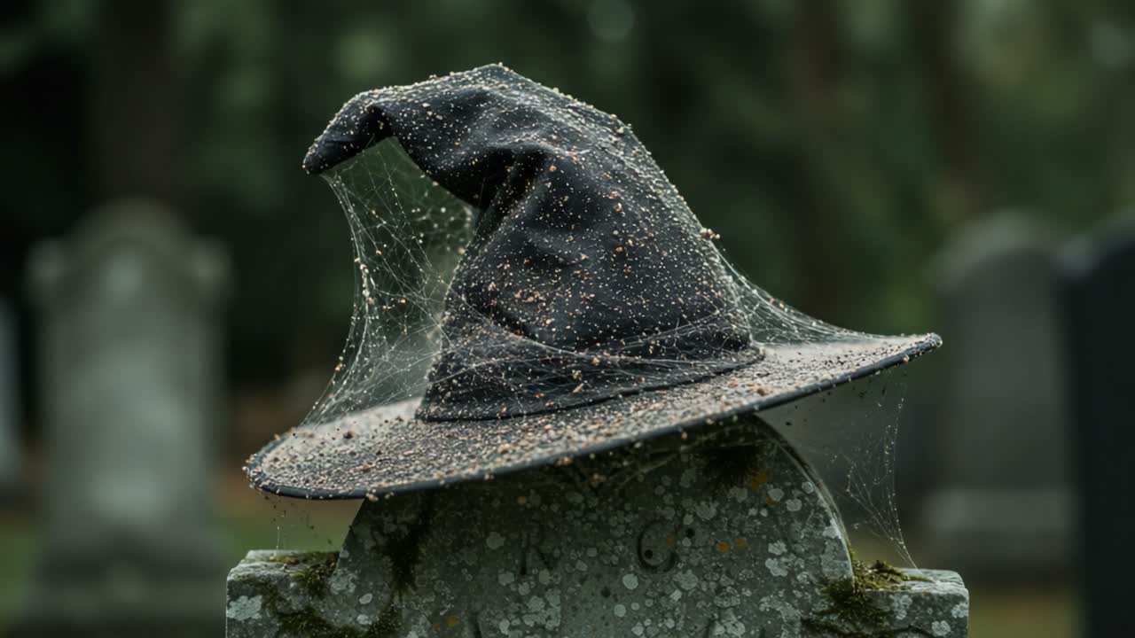 A Mysterious Witch Hat Covered in Cobwebs Sitting Elegantly on a Gravestone, Evoking Eerie Atmosphere in an Enigmatic Cemetery Setting