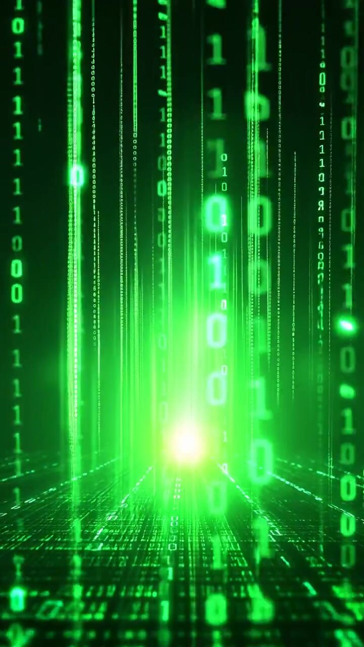 Green Binary Code Falling Vertically Into Luminous Portal, Digits Cascade Along Grid Floor, Evokes Hacker