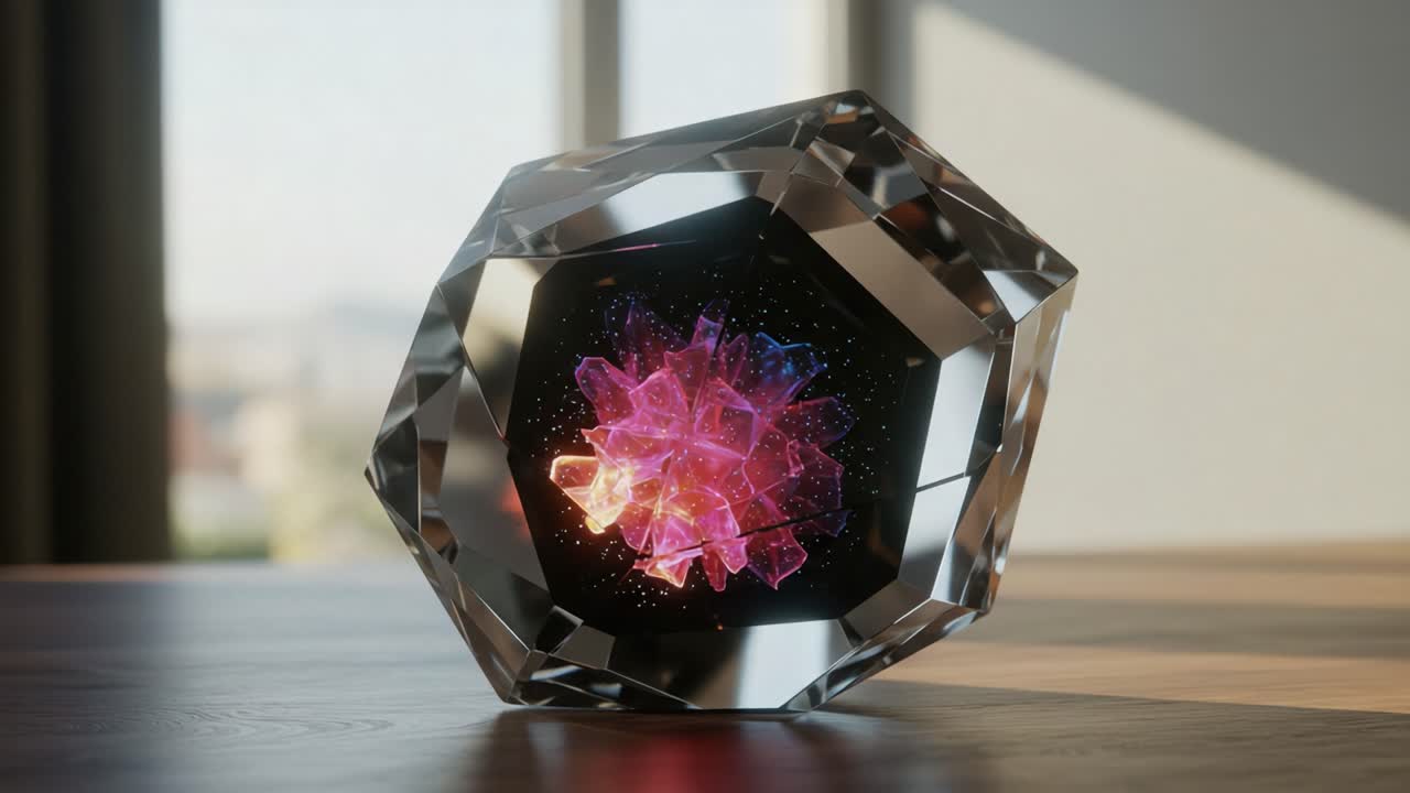 A Beautiful Geometric Crystal Sculpture with Colorful Illuminations and a Stellar Core Effusion Captured in Two Stunning Frames
