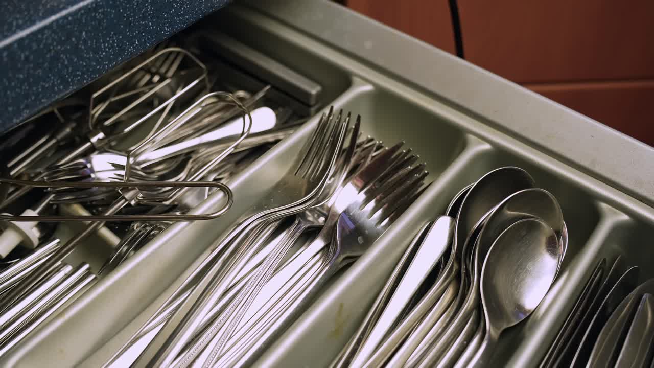 Close-up of organized stainless steel silverware in a cutlery tray—forks, knives and spoons neatly stacked in a drawer, clean kitchen storage and tableware organization