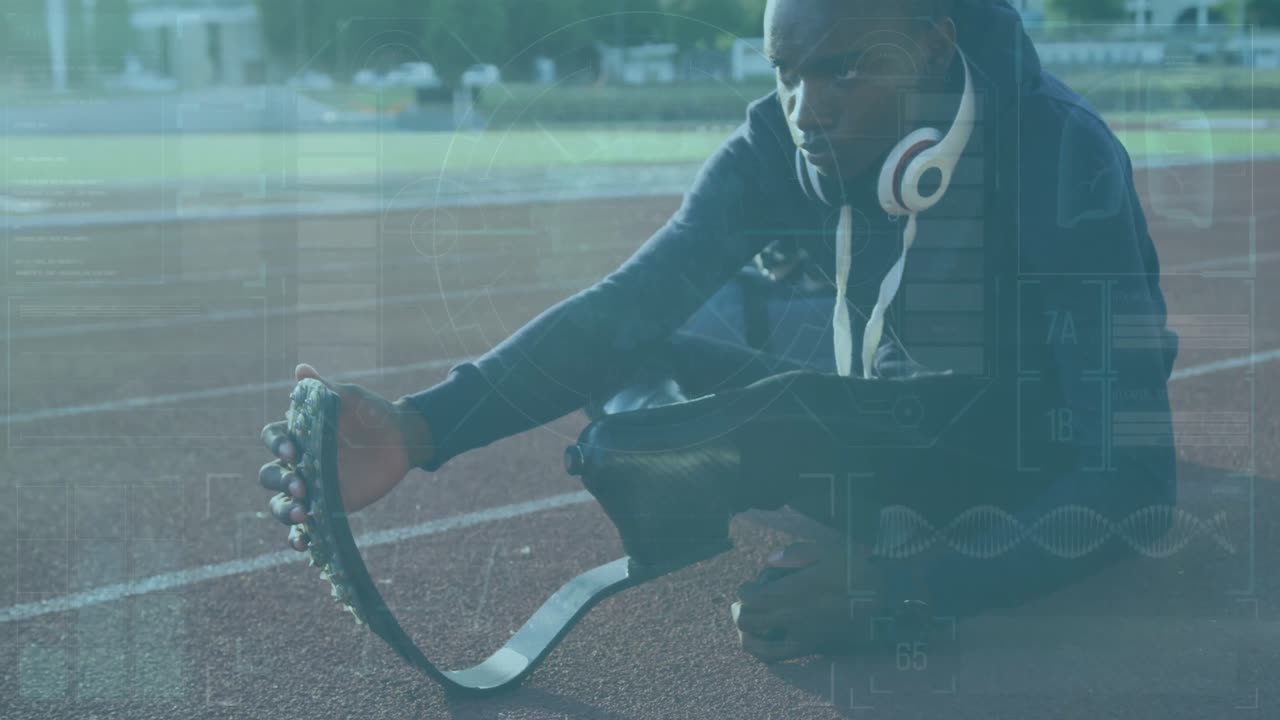 Animation of digital interface over african american man with a physical disability running