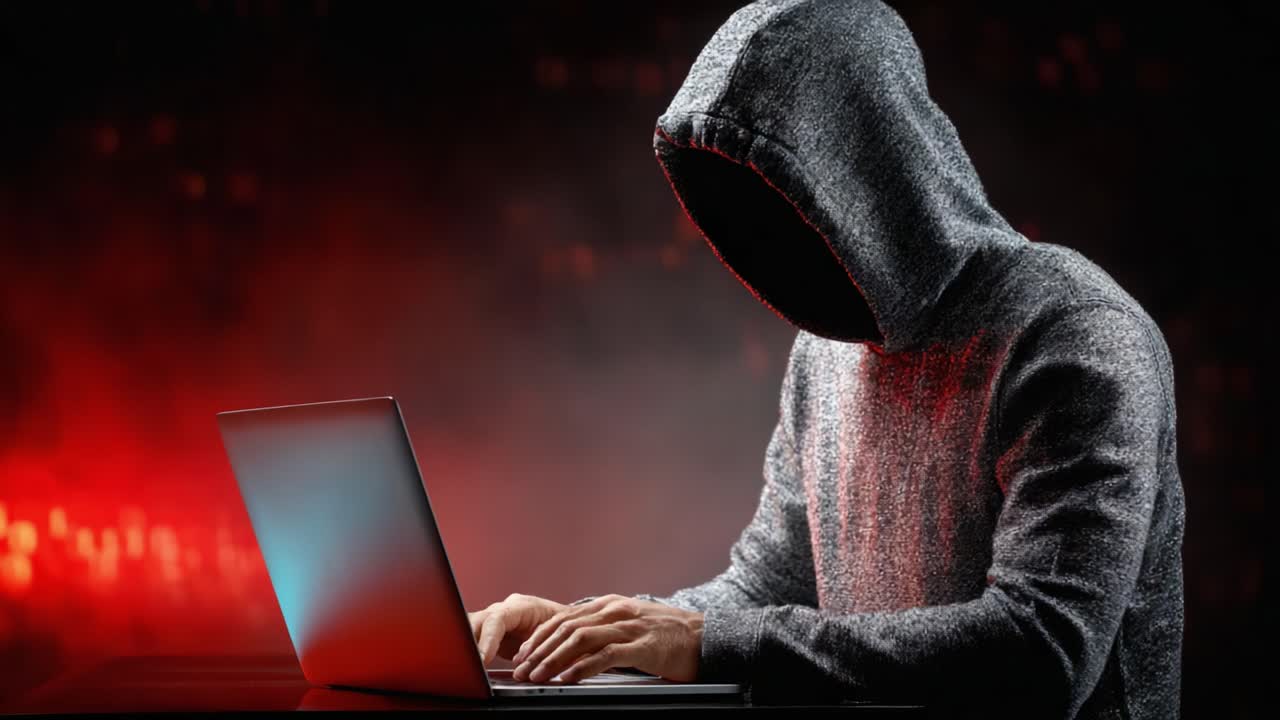 A shadowy figure with a hood typing intently on a laptop, surrounded by a blur of red lights, captures the essence of mystery and intrigue in the digital world