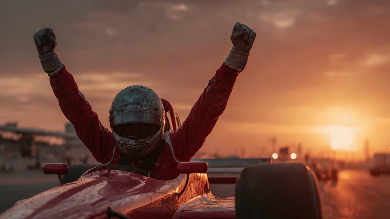 Um piloto de carro de corrida triunfante celebra a vitória contra um cenário deslumbrante de pôr do sol, capturando a emoção da conquista no automobilismo e a adrenalina de cruzar a linha de chegada