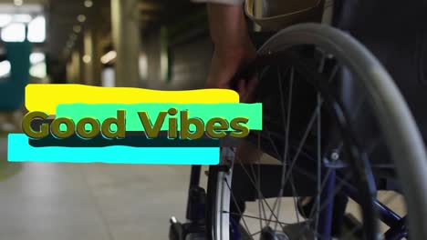 animación de buenas vibraciones texto sobre hombre afroamericano con bicicleta