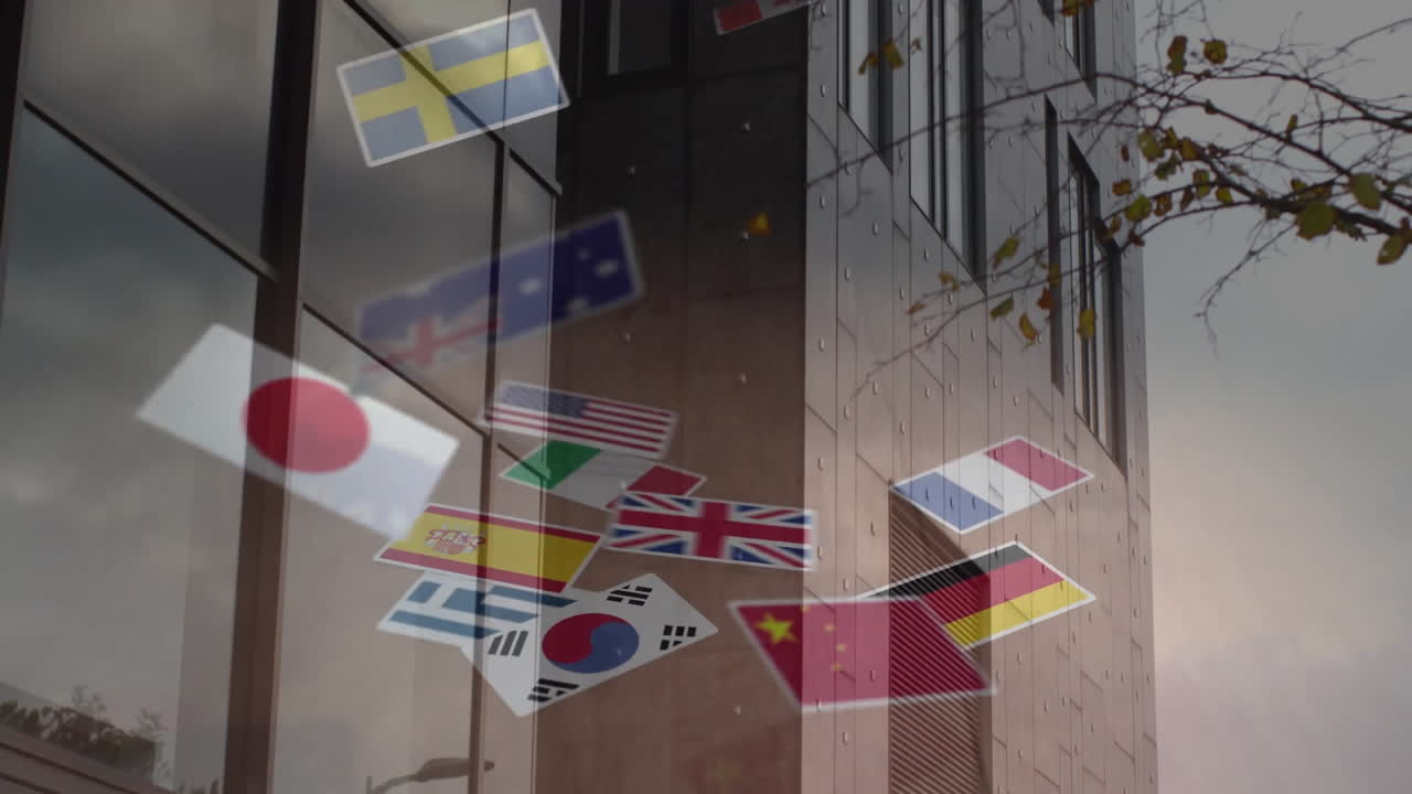 Semi-transparent national flags drifting diagonally over city tower, featuring glass and concrete