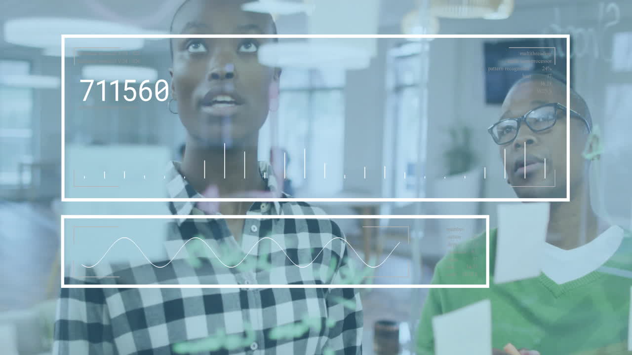 Animation of financial data processing over diverse business people in office